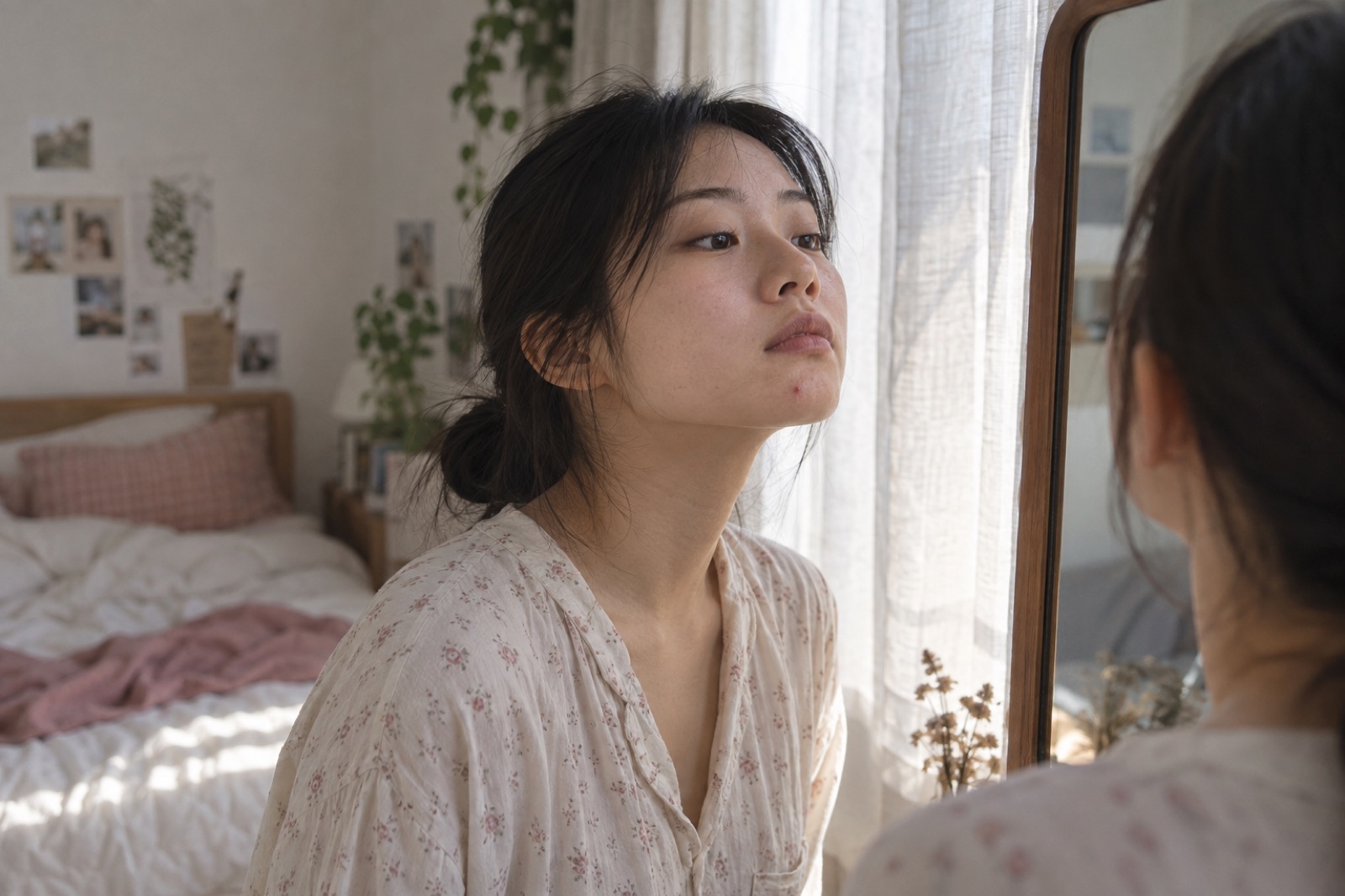 햇살 드는 침실 창가 거울에 턱을 들어 비춰 보는 꽃무늬 잠옷 차림 여성, 턱 끝에 작은 붉은 점