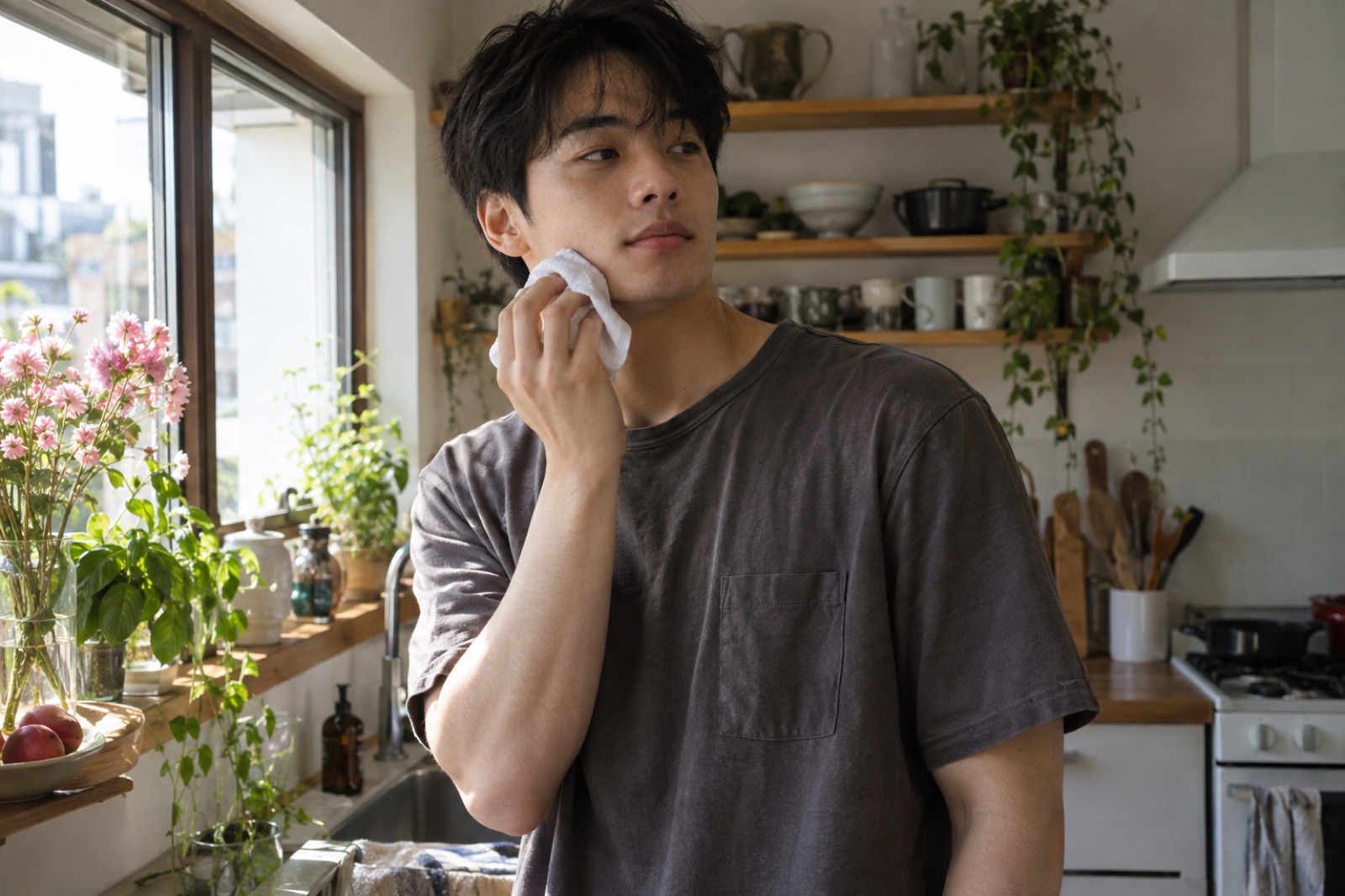 キッチンの窓辺で、濃いグレーのTシャツを着た男性が白いハンカチを頬に当てて横を見ている様子