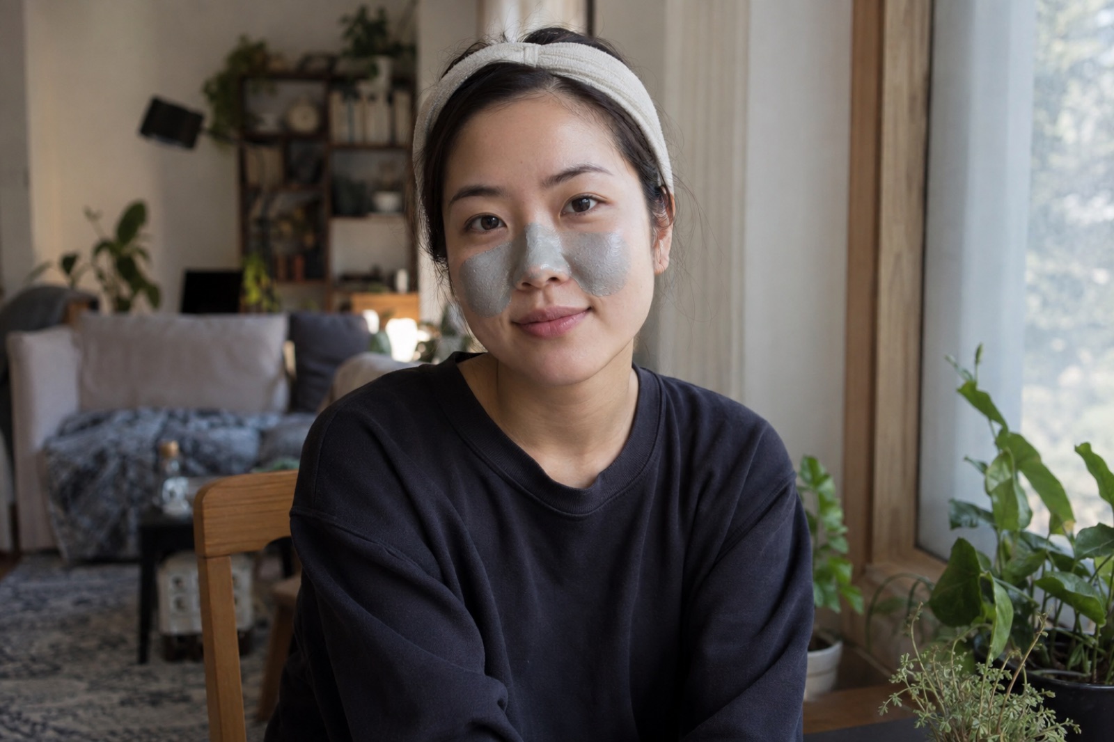 천 머리띠를 한 여성이 식물 옆에 앉아 코와 양 볼에만 연회색 팩을 올리고 미소 짓는 모습