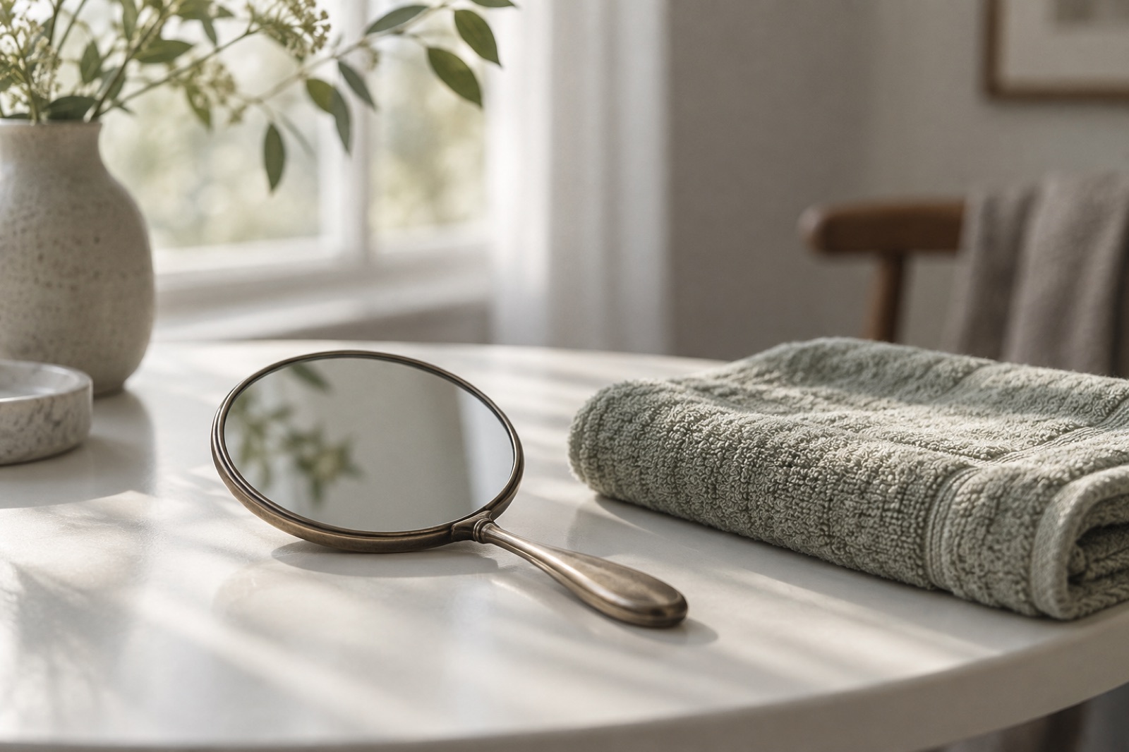 A hand mirror and a folded pale green towel on a round white table, with a bright window behind them