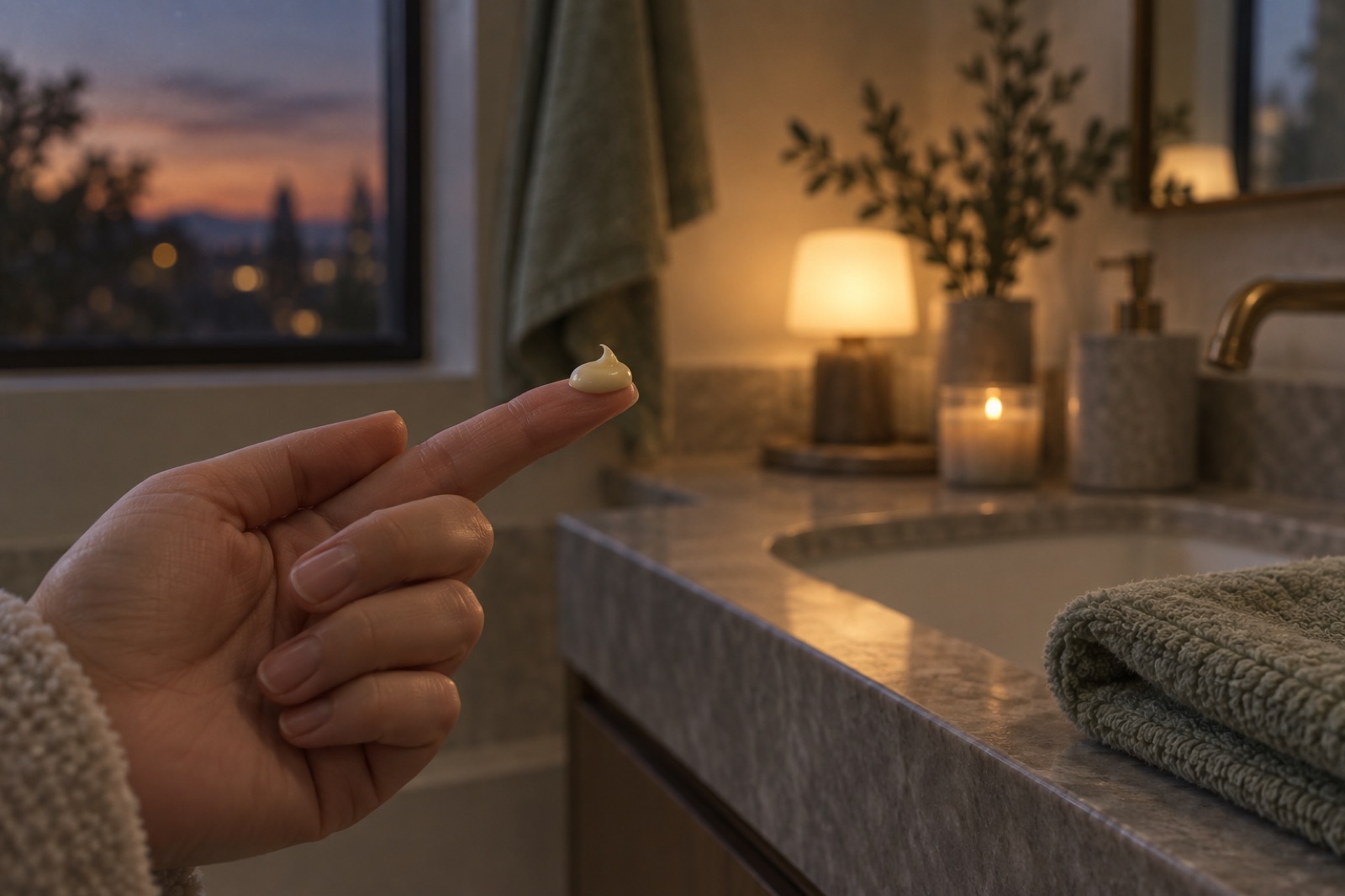 A pea-sized dab of pale yellow cream on an index fingertip in front of a bathroom sink with a sunset window and a lit candle