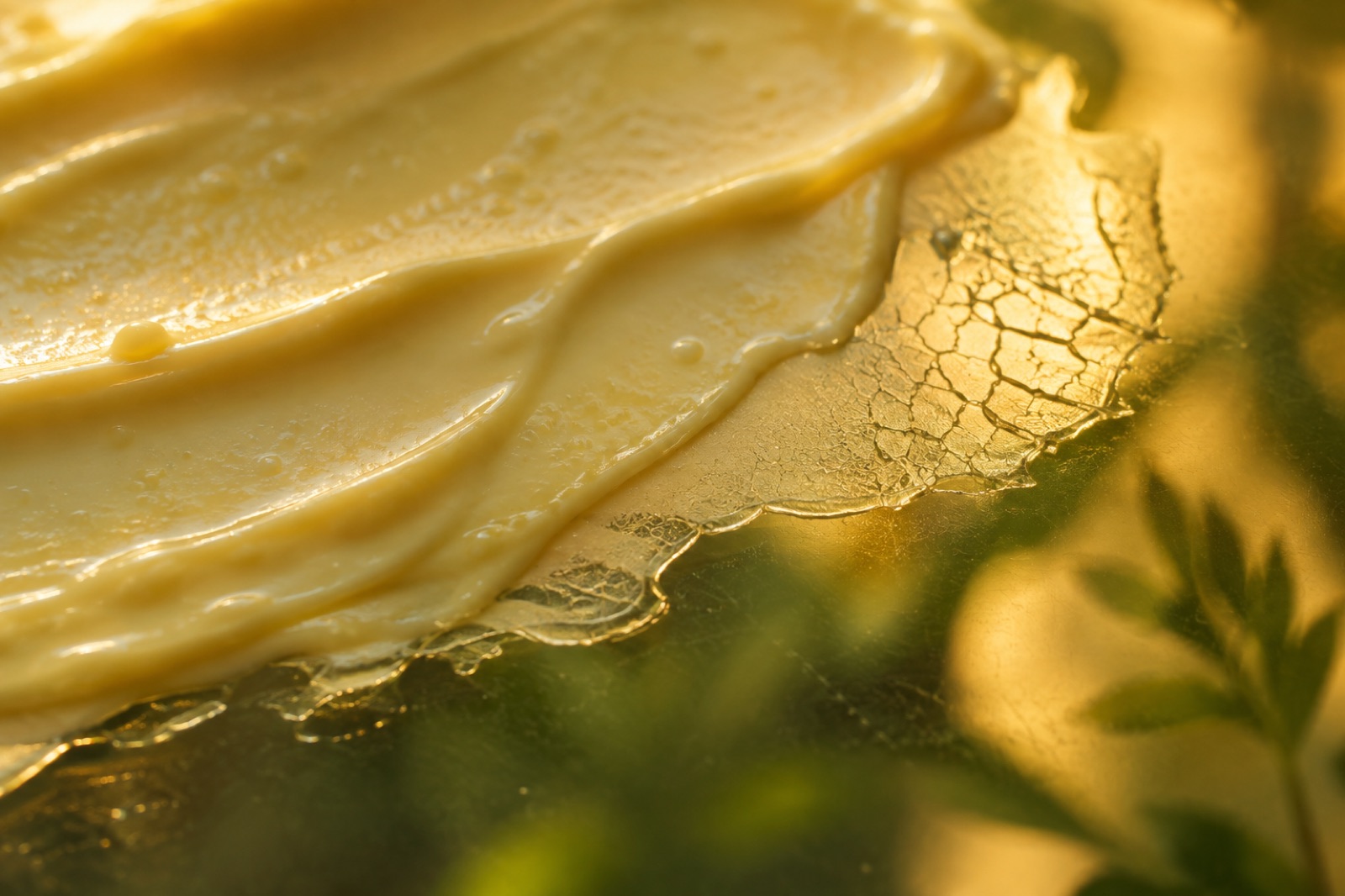Close-up of pale yellow cream spread wide in golden sunlight, with a thin film at its edge dried and cracked into a net pattern