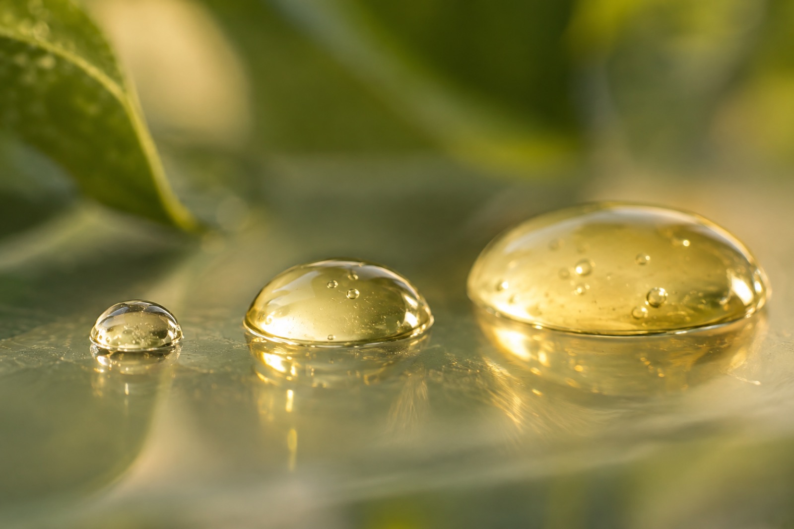 Three golden clear drops lined up from small to large on a glossy surface, against blurry green leaves
