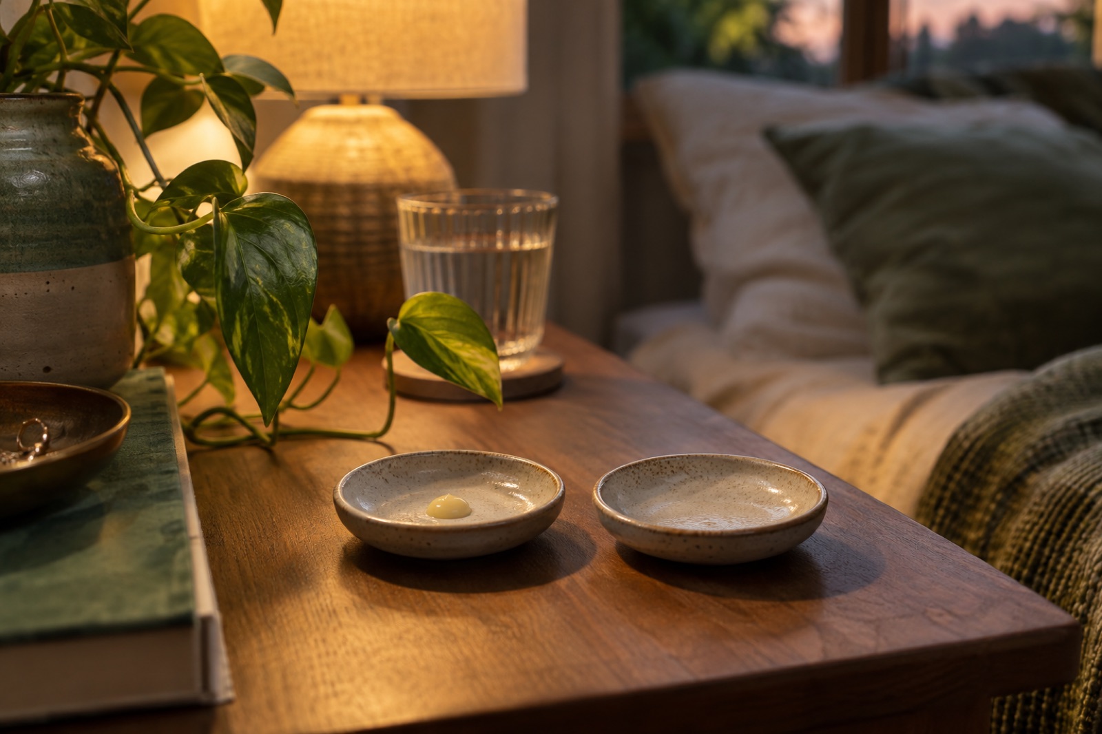 Two small ceramic dishes on a wooden nightstand at dusk, one holding a dab of pale yellow cream, with a glass of water behind