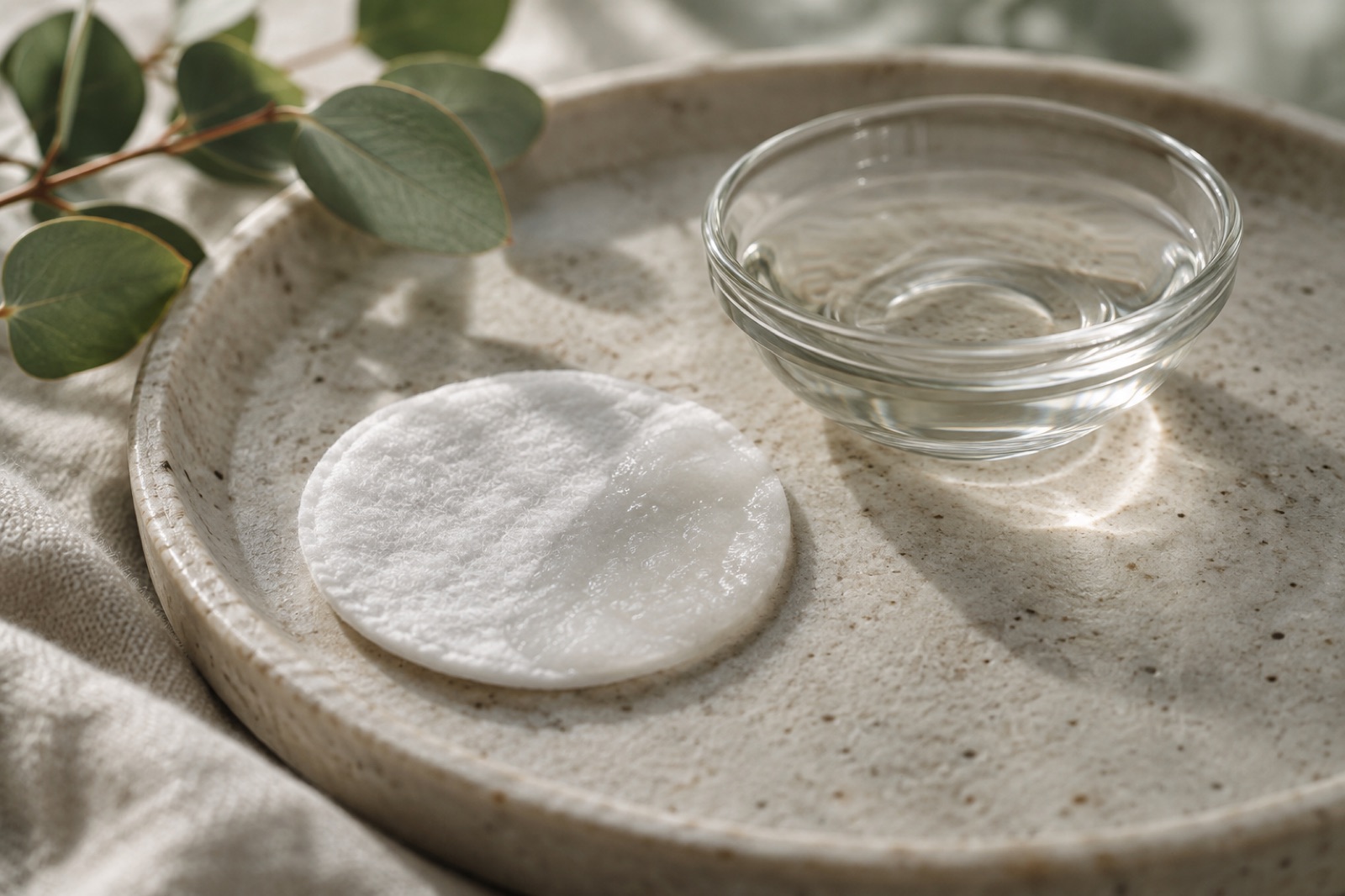 A half-damp round cotton pad and a glass bowl of clear liquid on a speckled ceramic tray beside a eucalyptus branch