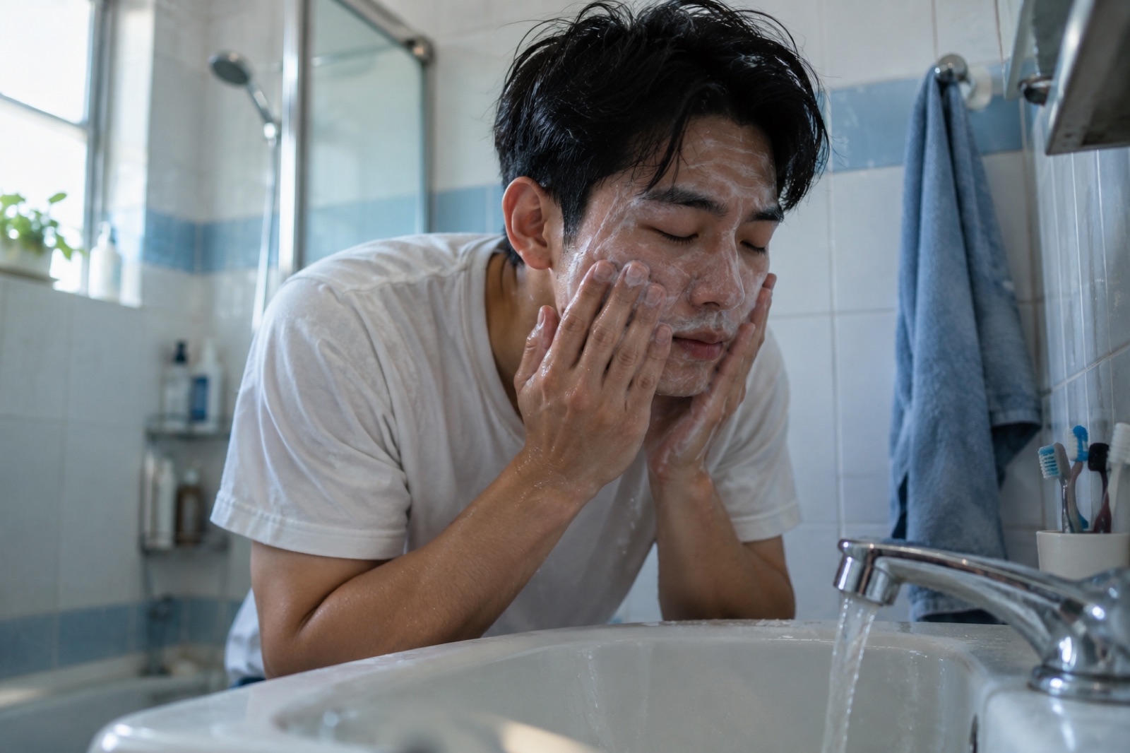 흰 티셔츠 차림 남성이 물이 흐르는 세면대 위로 몸을 숙이고 양손으로 거품 낸 얼굴을 감싸는 모습