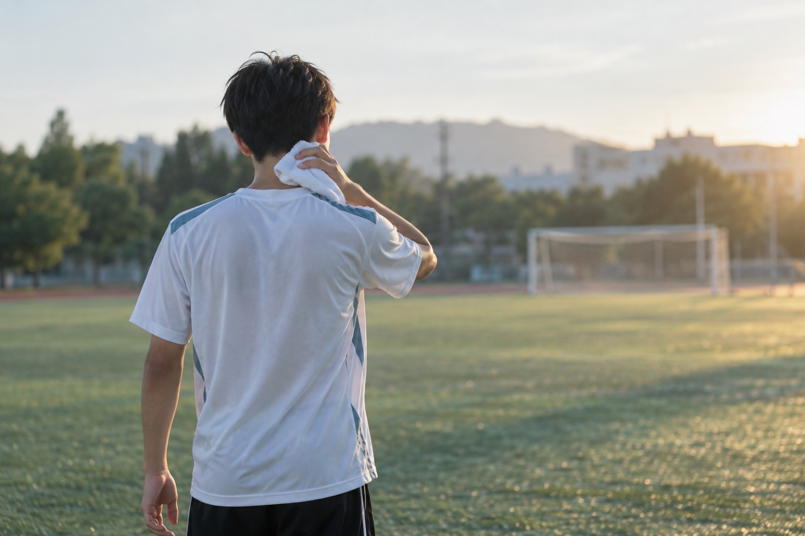 A student in a white gym uniform seen from behind on a sports field in low sunlight, holding a white towel to the back of the neck