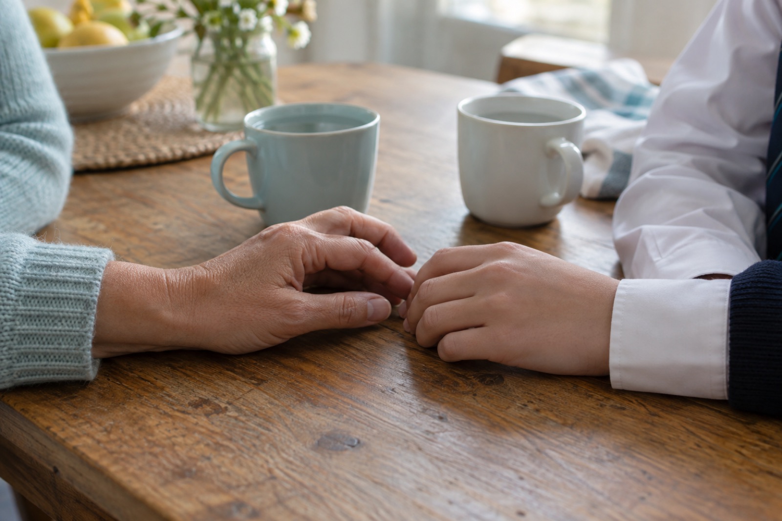 Two mugs on a wooden table, with a hand in a light blue knit sleeve and a hand in a white shirt sleeve touching close together