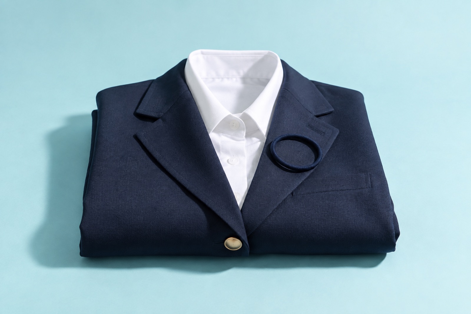 A folded navy blazer with a white shirt inside, a round hair tie next to the collar, on a light blue background