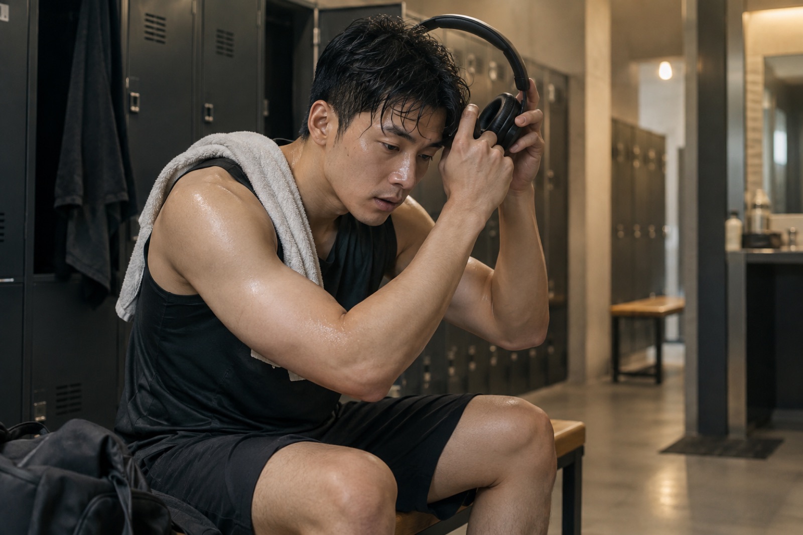 Lalaking nakaupo sa bangko ng locker room na may tuwalya sa balikat, hinuhubad ang headphones sa pawisang buhok