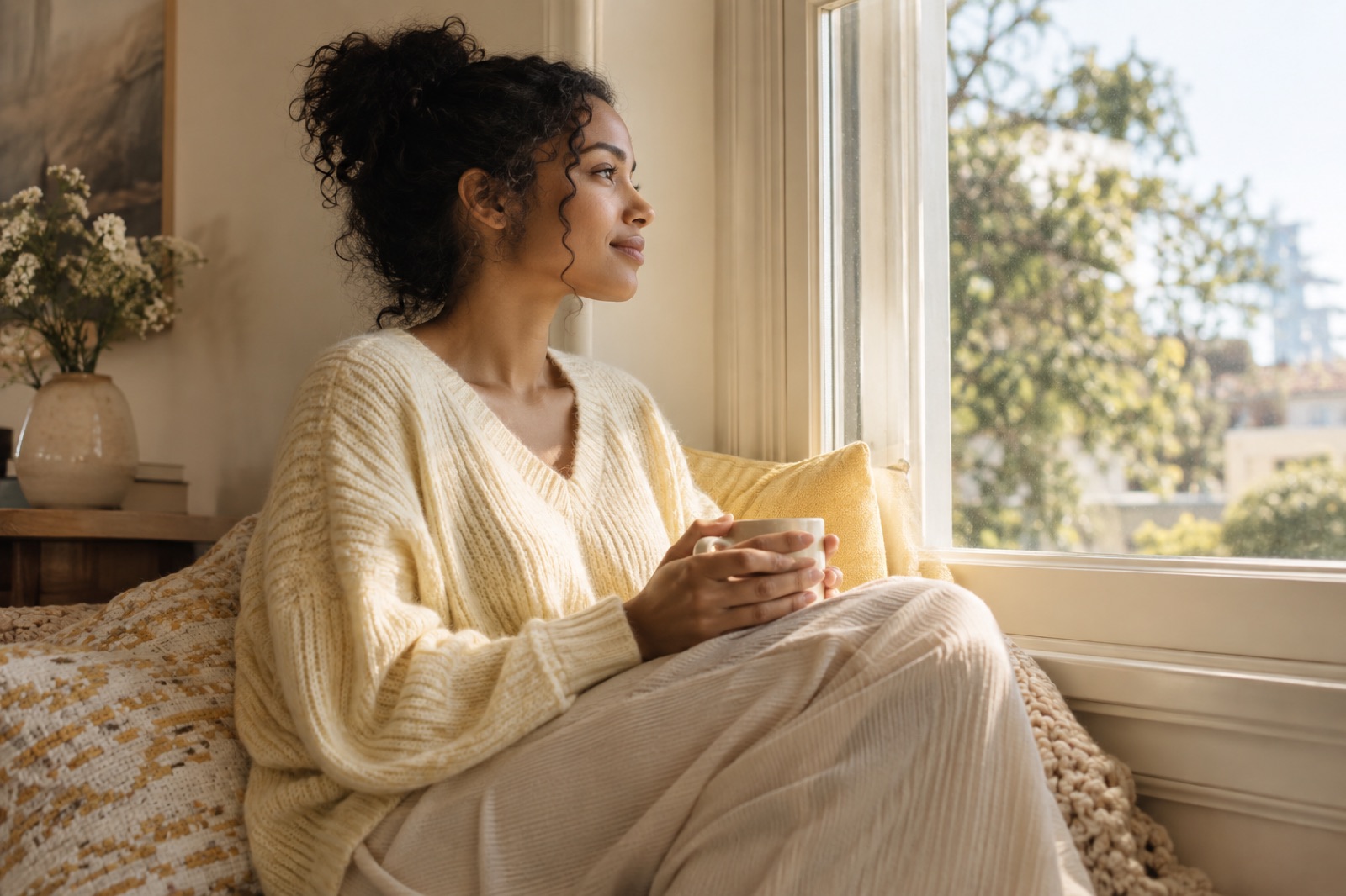A woman with curly hair pinned up, in a pale yellow sweater, leans on a cushion by the window, holding a mug in both hands and looking outside