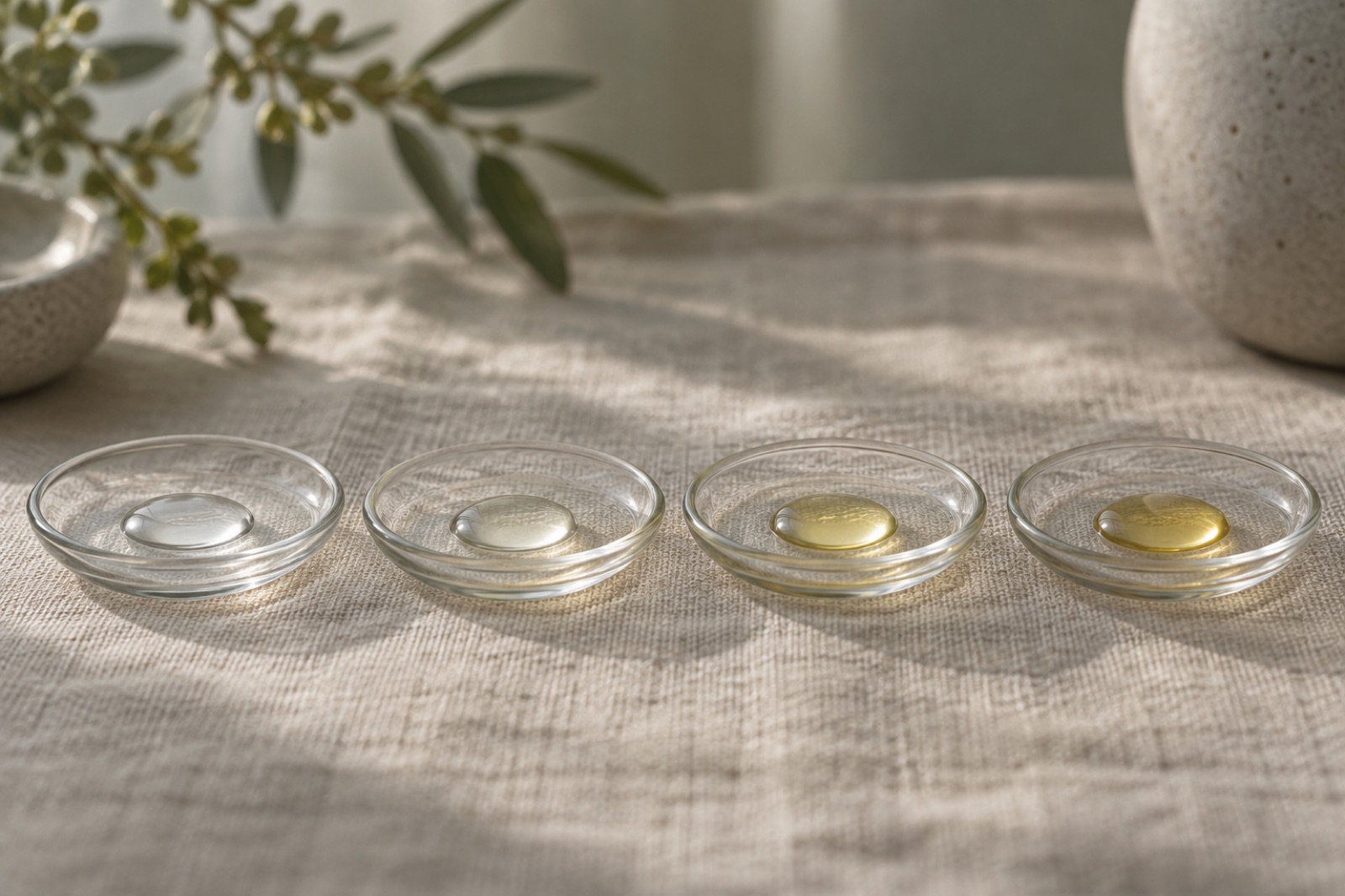 Four shallow glass dishes in a row on linen, with drops going from clear on the left to deeper yellow on the right